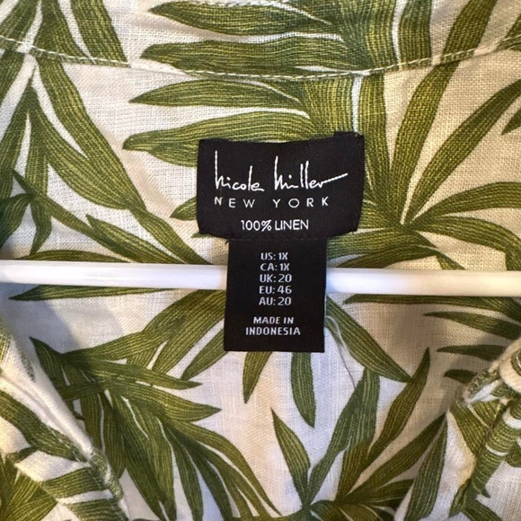 Nicole Miller Shirt Top Blouse 100% Linen Tropical White Green Womens 1x Beach - Picture 4 of 8